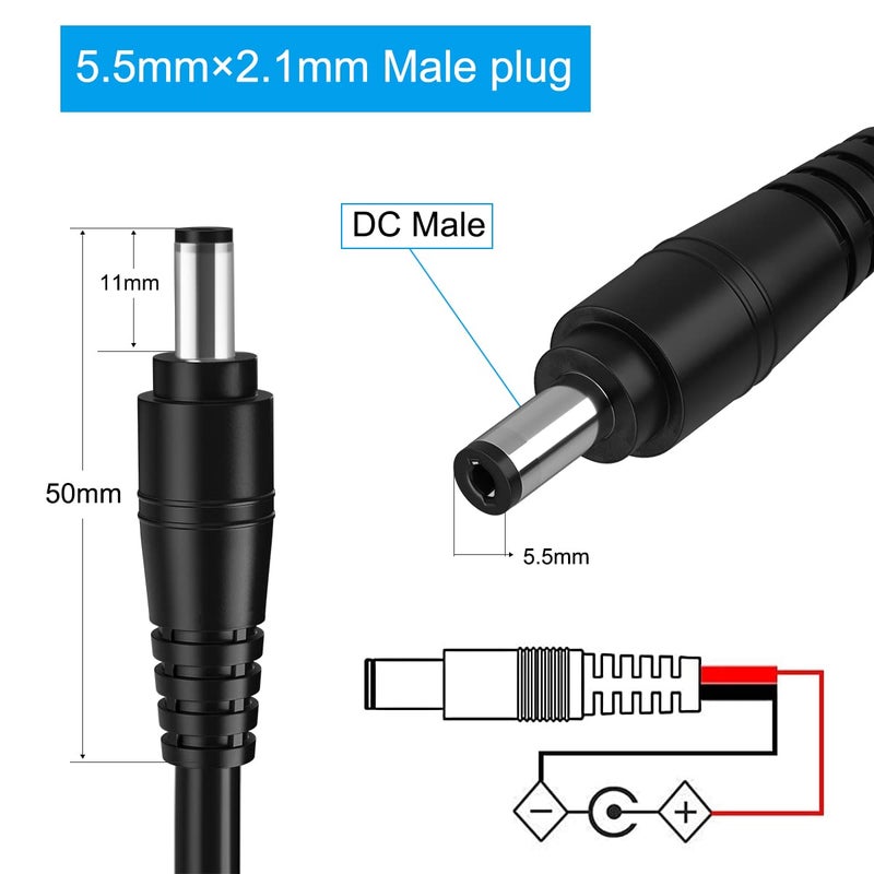 SIOCEN DC Power Pigtail Cable,16AWG DC Plug Barrel Connector Male 2.1mm x 5.5mm Male Plug to Bare Wire Open End Power Wire Supply Repair Cord for CCTV Security Camera,12V 24V 36V Adapter 3ft (16AWG) - Image 2